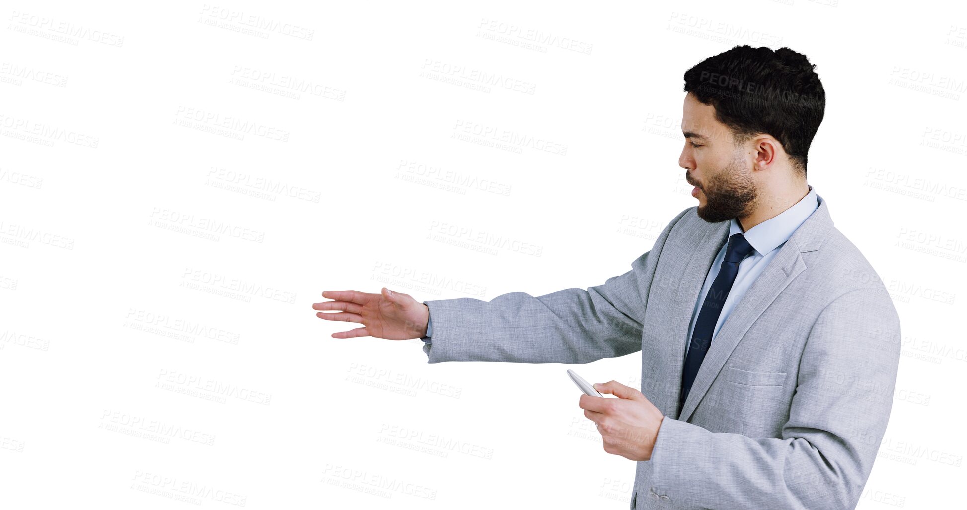 Buy stock photo Business, presentation and man with hand pointing to isolated, transparent or png background. Training, speech and male data analyst with projector remote for financial, information or budget review
