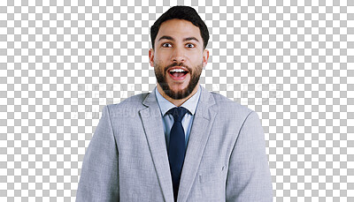 Buy stock photo Portrait, cheerful and businessman with suit for surprise, work announcement and promotion. Male employee, worker or salesperson with business attire, happy and isolated on transparent png background