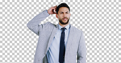 Buy stock photo Confused, thinking and business man scratching head with questions on isolated, transparent or png background. Doubt, why or entrepreneur with problem solving, brainstorming or asking for solution