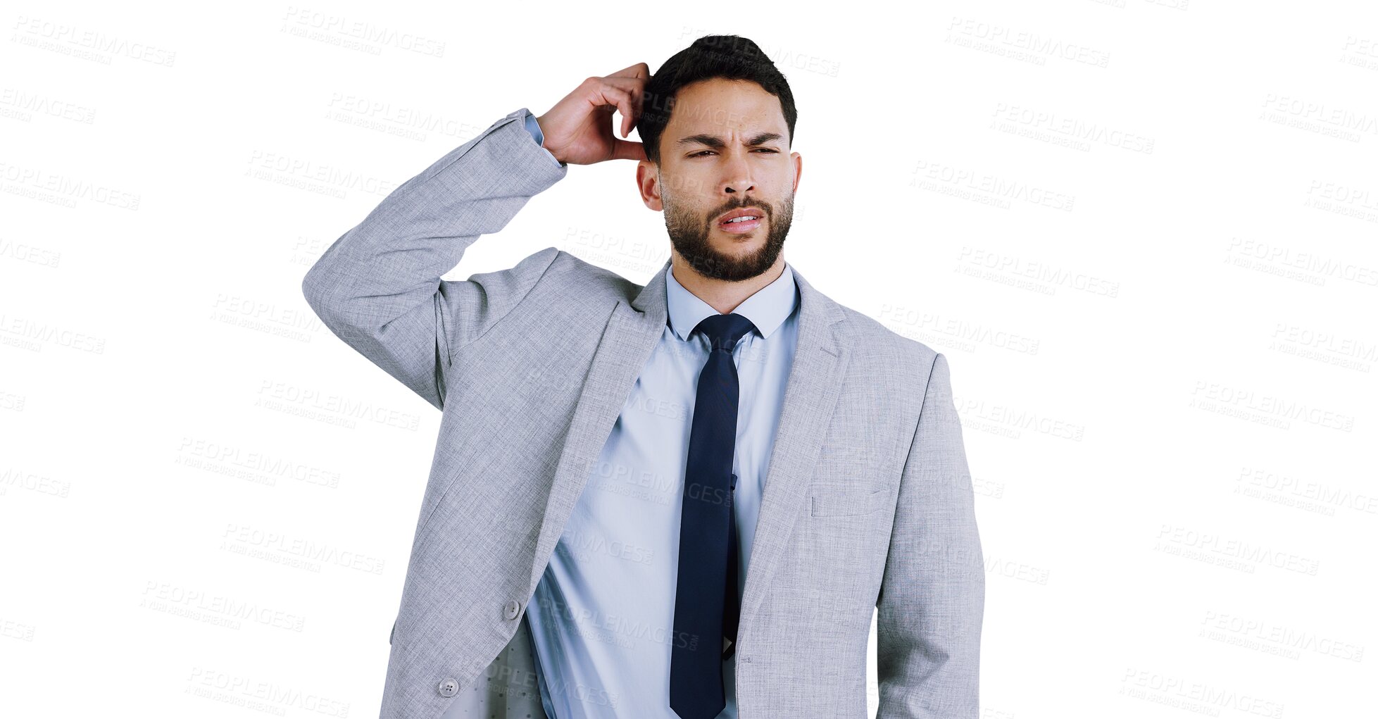 Buy stock photo Confused, thinking and business man scratching head with questions on isolated, transparent or png background. Doubt, why or entrepreneur with problem solving, brainstorming or asking for solution