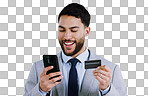 Business man, credit card and phone for online shopping, e commerce or digital payment in studio. Professional worker typing on his mobile for internet banking or debit isolated on a white background