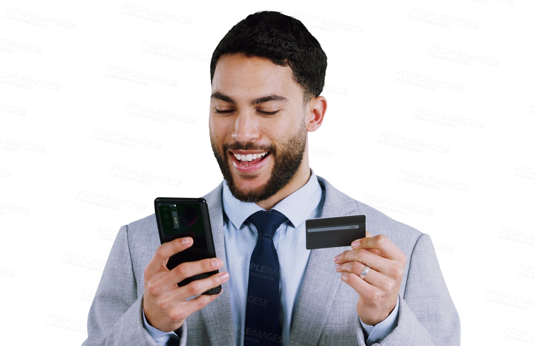 Buy stock photo Business, credit card and happy man with phone in studio for startup loan payment on isolated, transparent or png background. Online shopping, smartphone or entrepreneur with app for password sign up