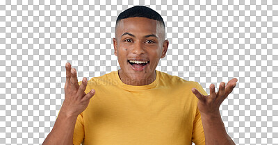Buy stock photo Portrait, excited and wow of man with news, announcement and person with questions isolated on a transparent png background. Face, surprise and happy student amazed, shocked and facial expression