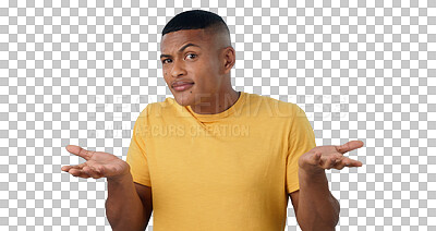 Buy stock photo Confused, shrug and portrait of man in studio with why hands on isolated, transparent or png background. Doubt, questions and face of male model with palm scale choice, unsure or asking body language