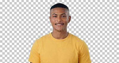 Buy stock photo Portrait, man and fashion with smile in happiness with smart clothes, style and streetwear on isolated, transparent png background. Trendy, streetwear and fashionable with tshirt and confidence.