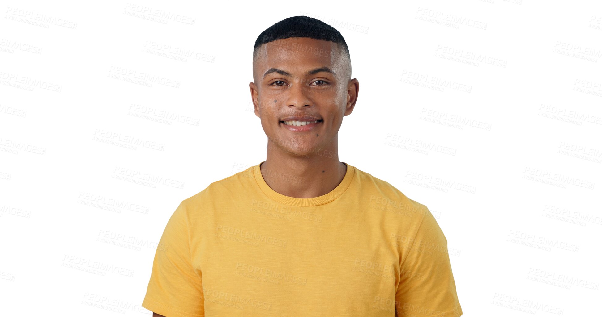 Buy stock photo Portrait, man and fashion with smile in happiness with smart clothes, style and streetwear on isolated, transparent png background. Trendy, streetwear and fashionable with tshirt and confidence.