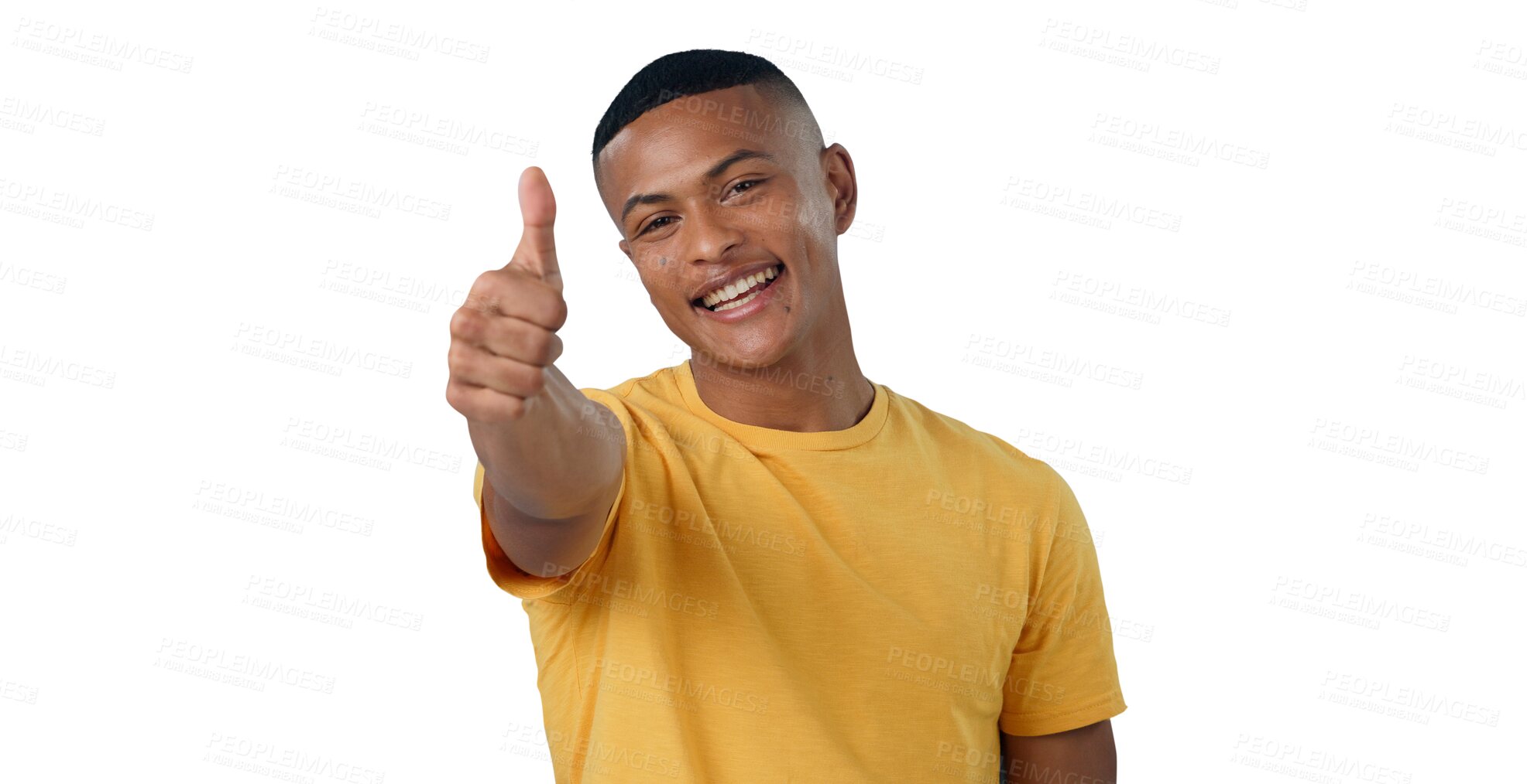 Buy stock photo Thumbs up, portrait and happy man with winner sign on isolated, transparent or png background. Success, hands or face of model with yes emoji for feedback, review or motivation, thank you or support