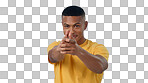 Portrait, finger gun and man aim at target in studio isolated on a blue background mockup space. Face, shooting hand gesture or African person pointing pistol weapon for self defence to kill criminal