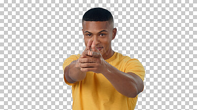 Buy stock photo Portrait, finger gun and man aim at pretend target isolated on transparent png background. Face, hand gesture and person pointing pistol for shooting game with smile, danger and playing with courage.