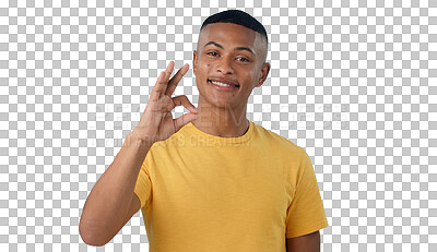 Buy stock photo Portrait, smile and man with perfect hand for feedback, approval or agreement gesture. Ok, emoji and portrait of male model with success or pride expression isolated by transparent png background.