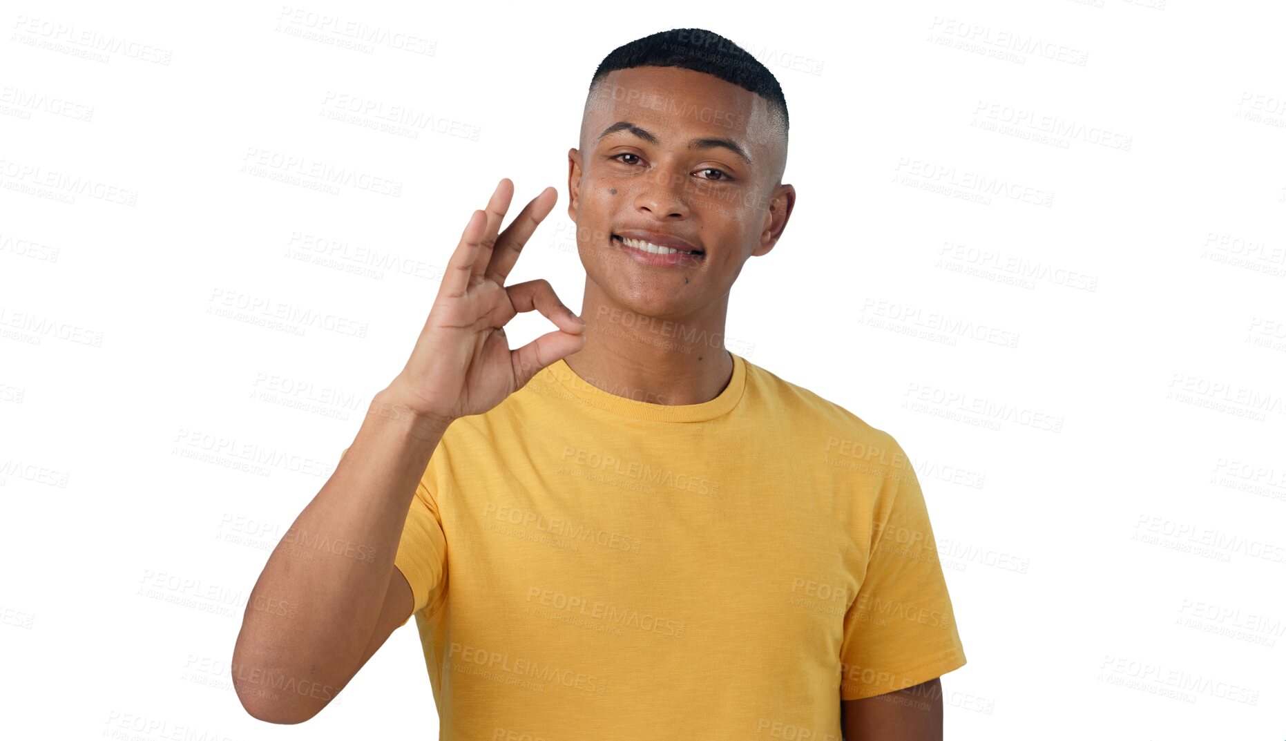 Buy stock photo Portrait, smile and man with perfect hand for feedback, approval or agreement gesture. Ok, emoji and portrait of male model with success or pride expression isolated by transparent png background.