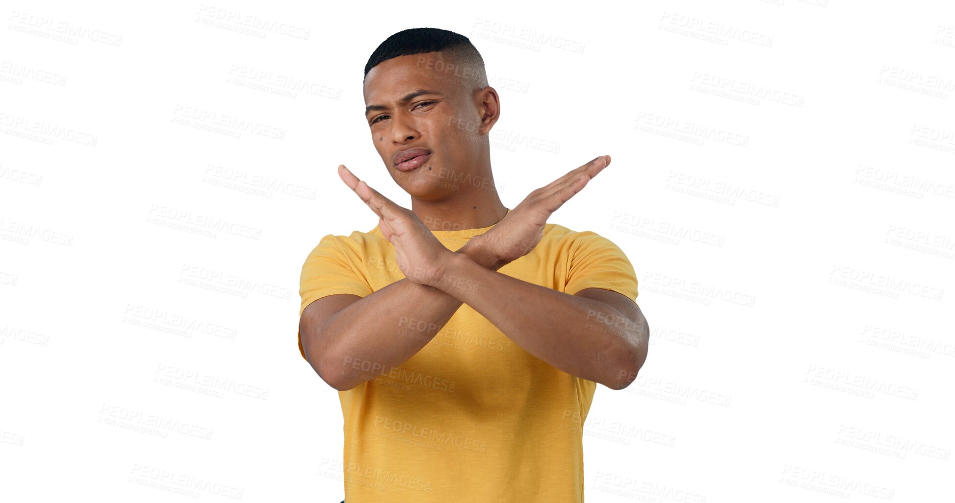 Buy stock photo Man, portrait and warning with hands crossed with no gesture, png and transparent with background. Male person,  serious and sign for vote for human rights with reject, defence and isolated