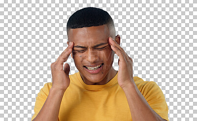 Buy stock photo Stress, headache and man with anxiety or burnout on isolated, transparent or png background. Vertigo, brain fog and male model with temple massage for overthinking pressure, panic attack or mistake