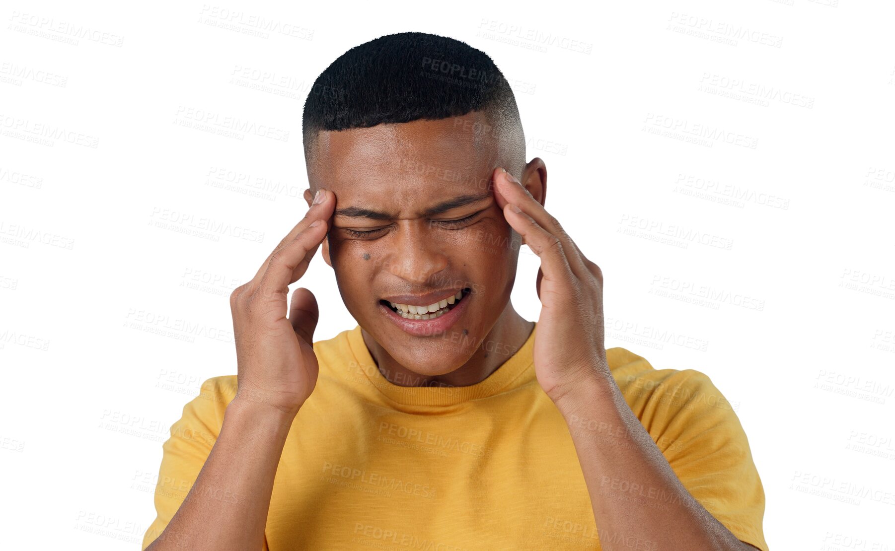 Buy stock photo Stress, headache and man with anxiety or burnout on isolated, transparent or png background. Vertigo, brain fog and male model with temple massage for overthinking pressure, panic attack or mistake