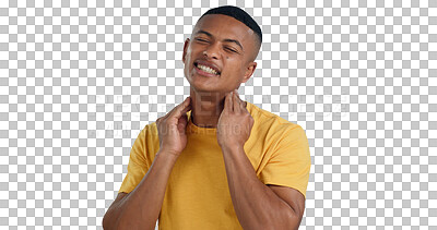 Buy stock photo Neck pain, stress and man with muscle problem on isolated, transparent or png background. Joint, burnout or male model with shoulder crisis, inflammation or anatomy risk, emergency or shoulder injury