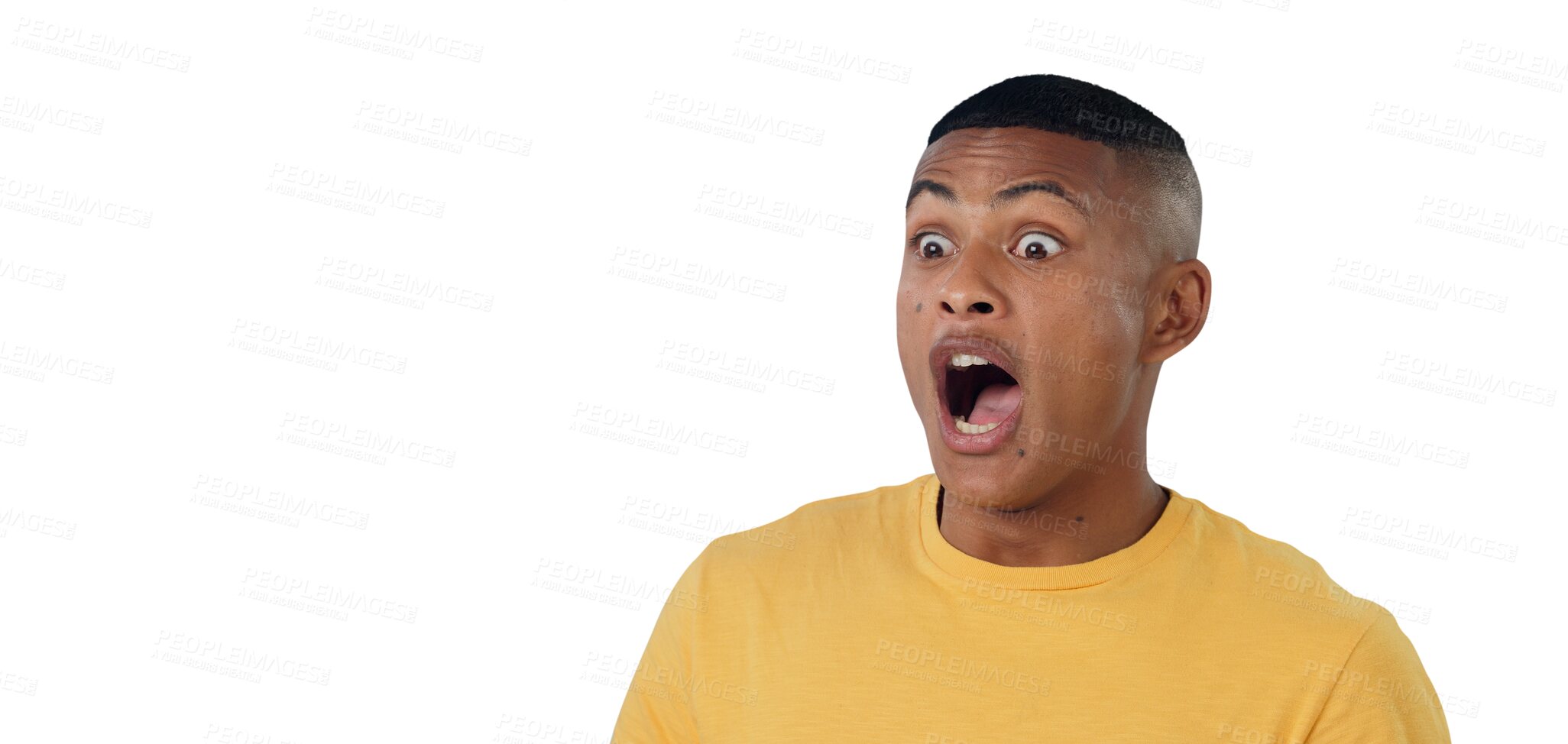 Buy stock photo Wtf, surprise and man with gossip, drama and isolated on transparent png background. Male person, news and shock for information, announcement and secret or alarm, overwhelmed and mind blown or omg