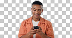 Happy, social media and man with a smartphone, typing and connection on a blue background. Person, guy and model with a cellphone, mobile user and reaction with website information, contact and app
