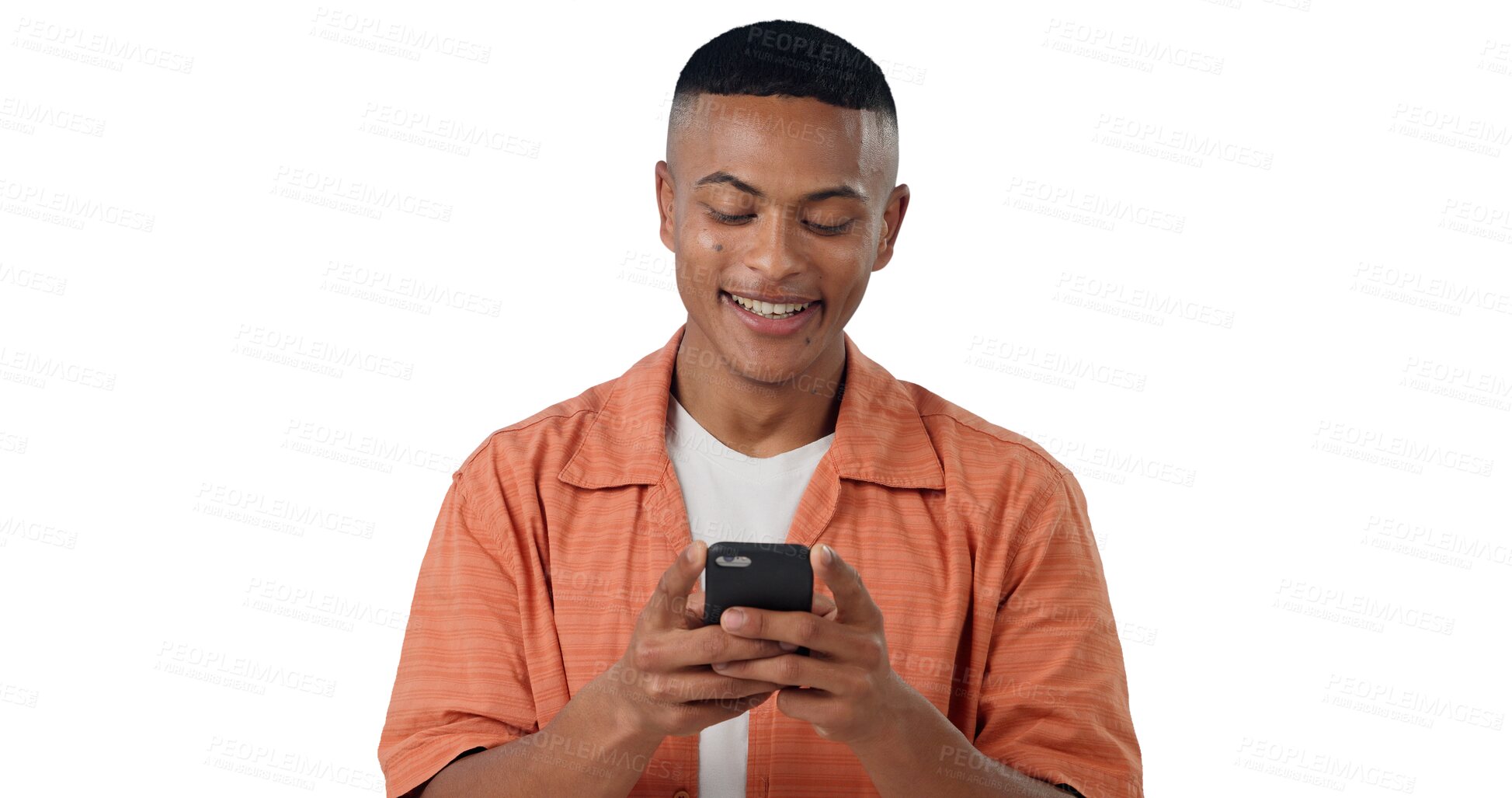 Buy stock photo Smile, networking and gen z man with phone, typing and communication isolated on transparent png background. Social media, email or person with smartphone reading online chat, blog post or website.