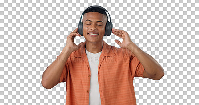 Buy stock photo Music, calm man and dancing with headphones, radio and audio or isolated on transparent png background. Tech, smile and sound to relax, male person and streaming a playlist for fun and hearing a song