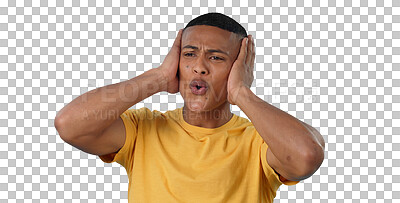 Buy stock photo Omg, surprise and man with gossip, drama and isolated on transparent png background. Male person, news and shock for information, announcement and secret or wtf, overwhelmed and mind blown or what