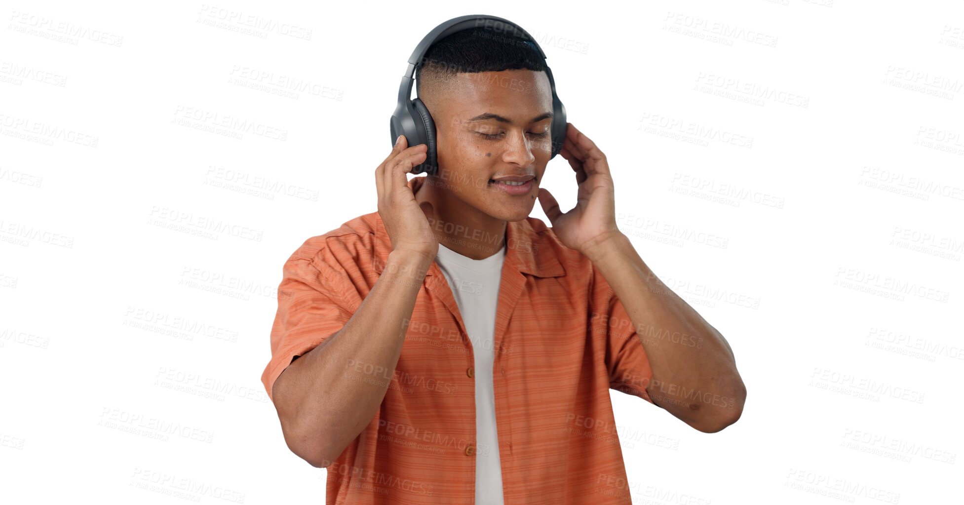 Buy stock photo Music, calm man and listen with headphones, radio and audio or isolated on transparent png background. Sound, jazz and peace to relax, male person and streaming a playlist for fun and hearing a song