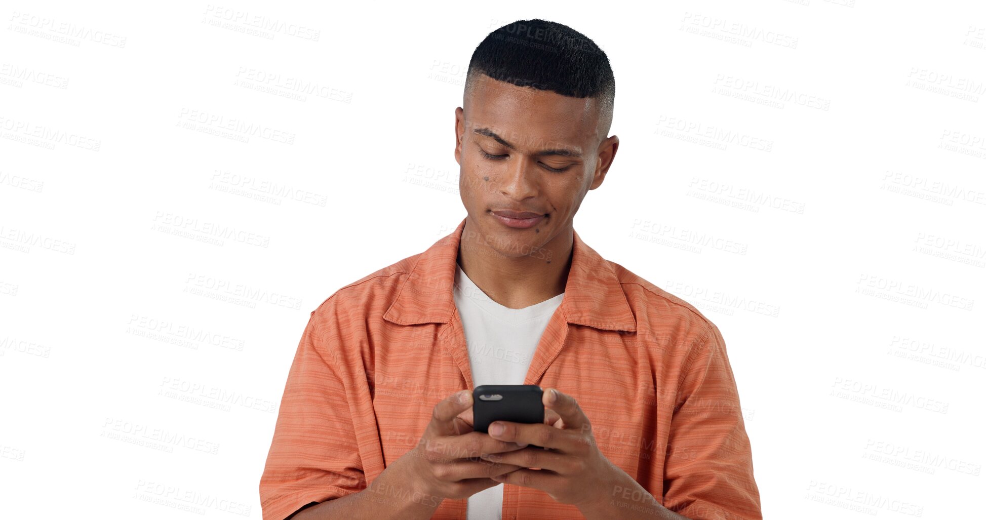 Buy stock photo Reading, networking and gen z man with phone, typing and communication isolated on transparent png background. Social media, email or person with smartphone checking online chat, blog post or website