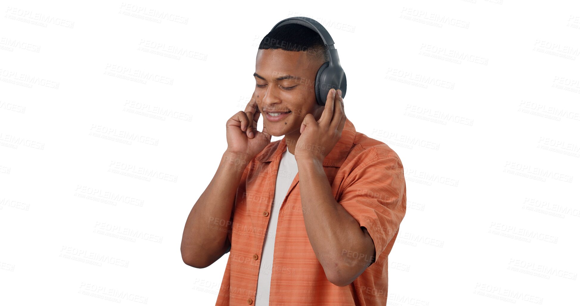 Buy stock photo Music, calm man and relaxing with headphones, radio and audio or isolated on transparent png background. Peace, smile and sound to relax, male person and streaming a playlist for fun and hear a song