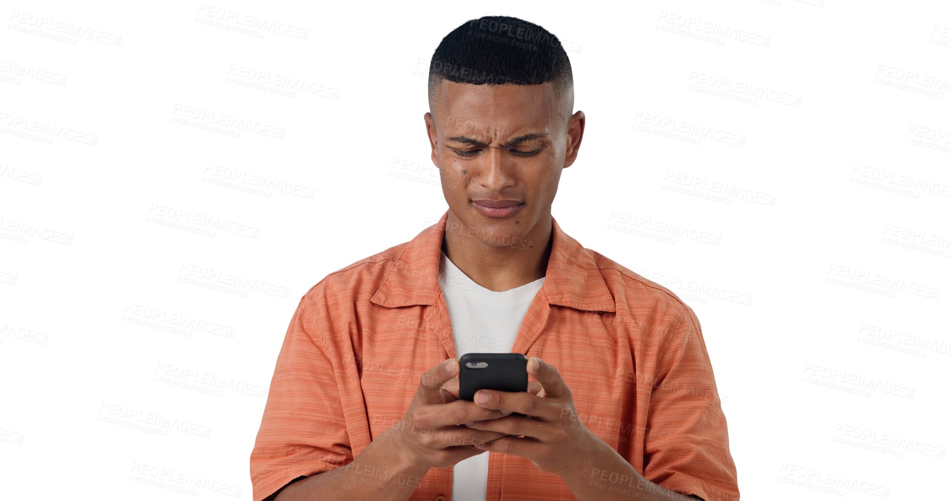 Buy stock photo Frustrated, networking and man with phone, typing and communication isolated on transparent png background. Social media, email and confused person with smartphone, connection or signal problem.
