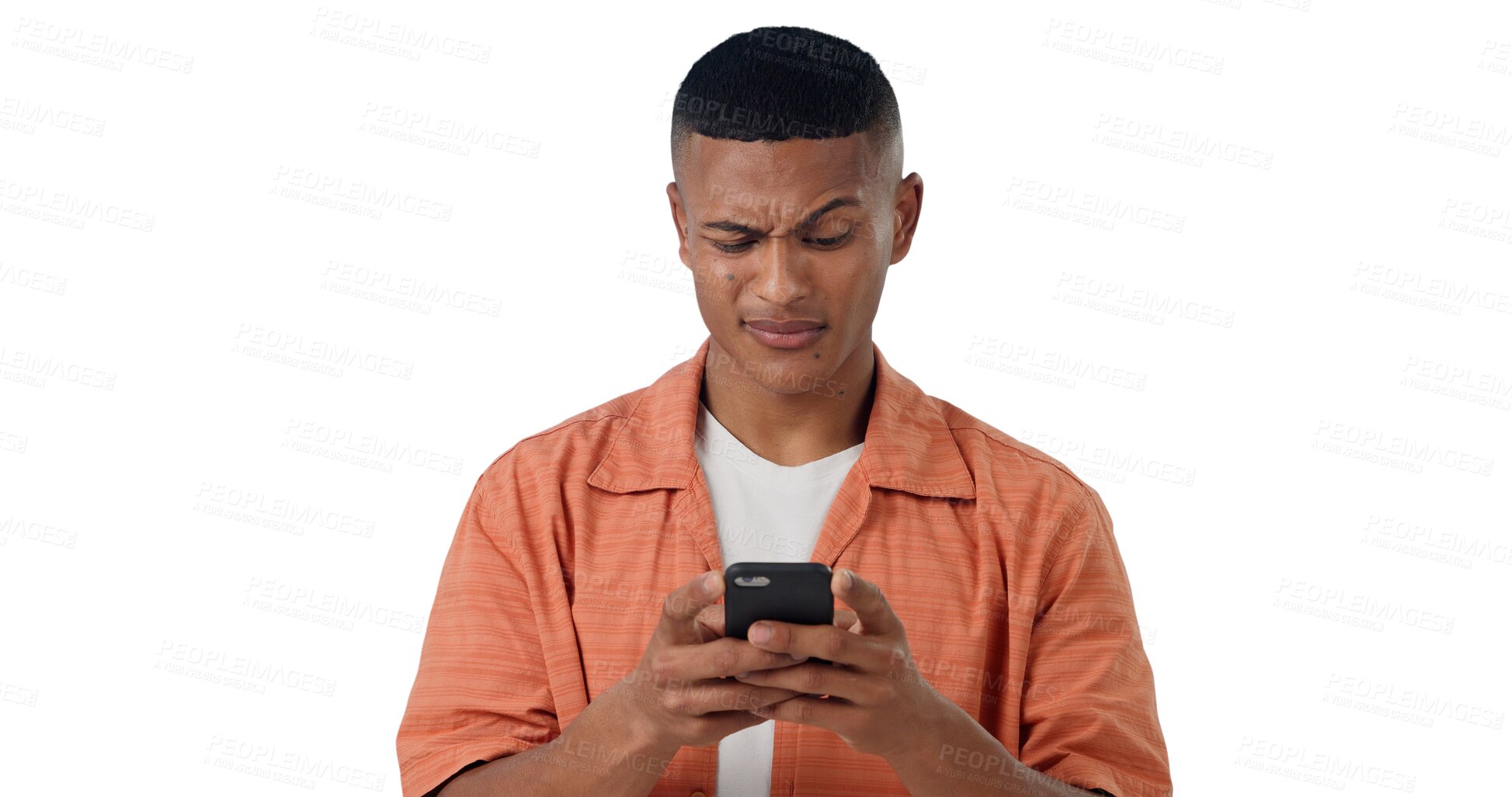 Buy stock photo Confused, networking and man with phone, typing and communication isolated on transparent png background. Social media, email and frustrated person with smartphone, connection or signal problem.