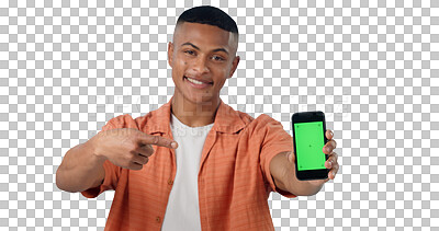 Buy stock photo Man, portrait and point at phone, green screen and review of mobile app, promotion or choice. Person, smartphone and happy with mockup space or feedback for ui isolated on transparent, png background
