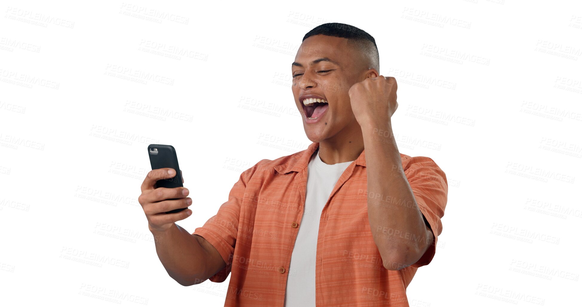 Buy stock photo Man, smartphone and fist pump with cheers for success, social media giveaway and happy isolated on png transparent background. Winning, prize or reward online with contest on app and celebration