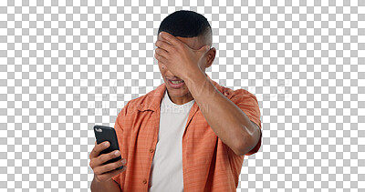 Buy stock photo Mistake, glitch and man with phone, frustrated and angry isolated on transparent png background. Stress, anxiety and person with smartphone for connection, technology and email with online loss.