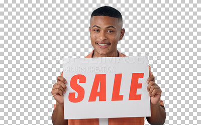Buy stock photo Portrait, sale sign or happy man by offer, discount deal or launch for poster or business advertising. Show, smile or person with board for marketing or promotion on png, transparent background