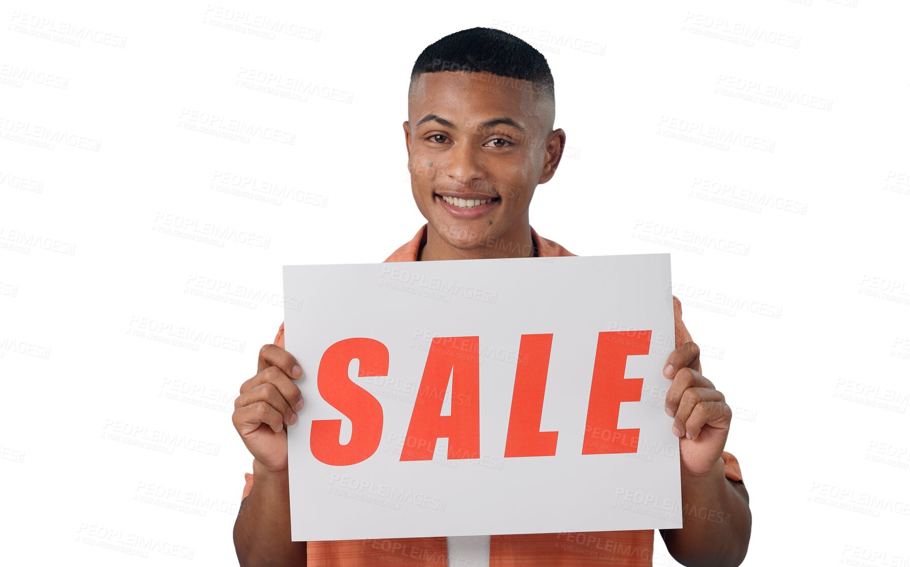 Buy stock photo Portrait, sale sign or happy man by offer, discount deal or launch for poster or business advertising. Show, smile or person with board for marketing or promotion on png, transparent background