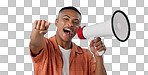 Man, megaphone and winner or pointing you for announcement, broadcast and choice or news on blue background. Portrait of person for join us, attention and voice with sale, bonus or winning in studio