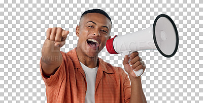 Buy stock photo Man, megaphone and winner or pointing you for announcement, broadcast and choice or news. Portrait, join us or attention and voice for sale, bonus or winning isolated on a transparent, png background