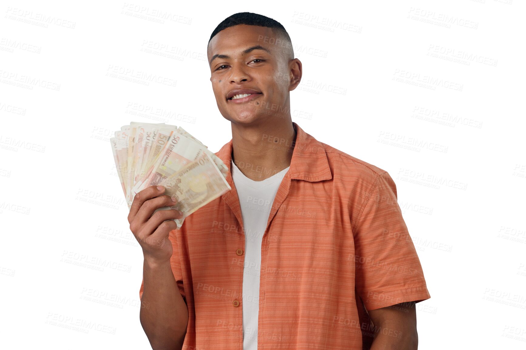 Buy stock photo Man, portrait and happy with money fan or success with winning competition, bonus and cashback for funding. Person, face and smile with cash for savings or loan isolated on png transparent background