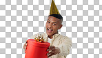 Happy man, party hat and gift for celebration in studio, blue background and portrait for mock up in Cape Town. Male model, present and bow for birthday, giveaway or event for reward, bonus or prize