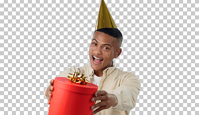 Buy stock photo Happy, party hat and portrait of man with gift for birthday, giveaway or celebration surprise. Excited, smile and face of young male person with present box isolated by transparent png background.