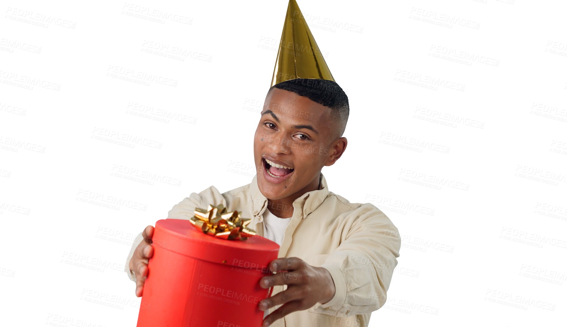 Buy stock photo Happy, party hat and portrait of man with gift for birthday, giveaway or celebration surprise. Excited, smile and face of young male person with present box isolated by transparent png background.