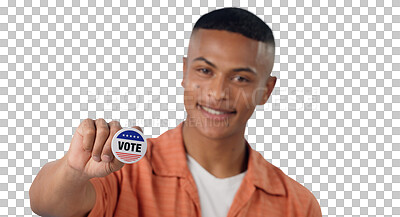 Buy stock photo Man, vote sticker and smile for election, positive and politics for America, government on a isolated, png transparent background. Voter choice, badge and support for registration for voting party