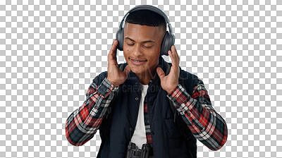 Buy stock photo Man, happy and headphones with music or radio for podcast, sound and relax with audio subscription or streaming. Smile, person and listening to multimedia isolated on a png transparent background