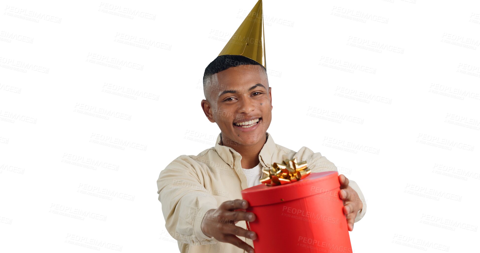 Buy stock photo Smile, party hat and portrait of man with gift for birthday, giveaway or celebration surprise. Excited, happy and face of young male person with present box isolated by transparent png background.