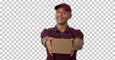 Buy stock photo Portrait, happy man and courier with delivery box for distribution isolated on a transparent png background in Cape Town. Smile, shipping and person giving a package, parcel or cargo for logistics