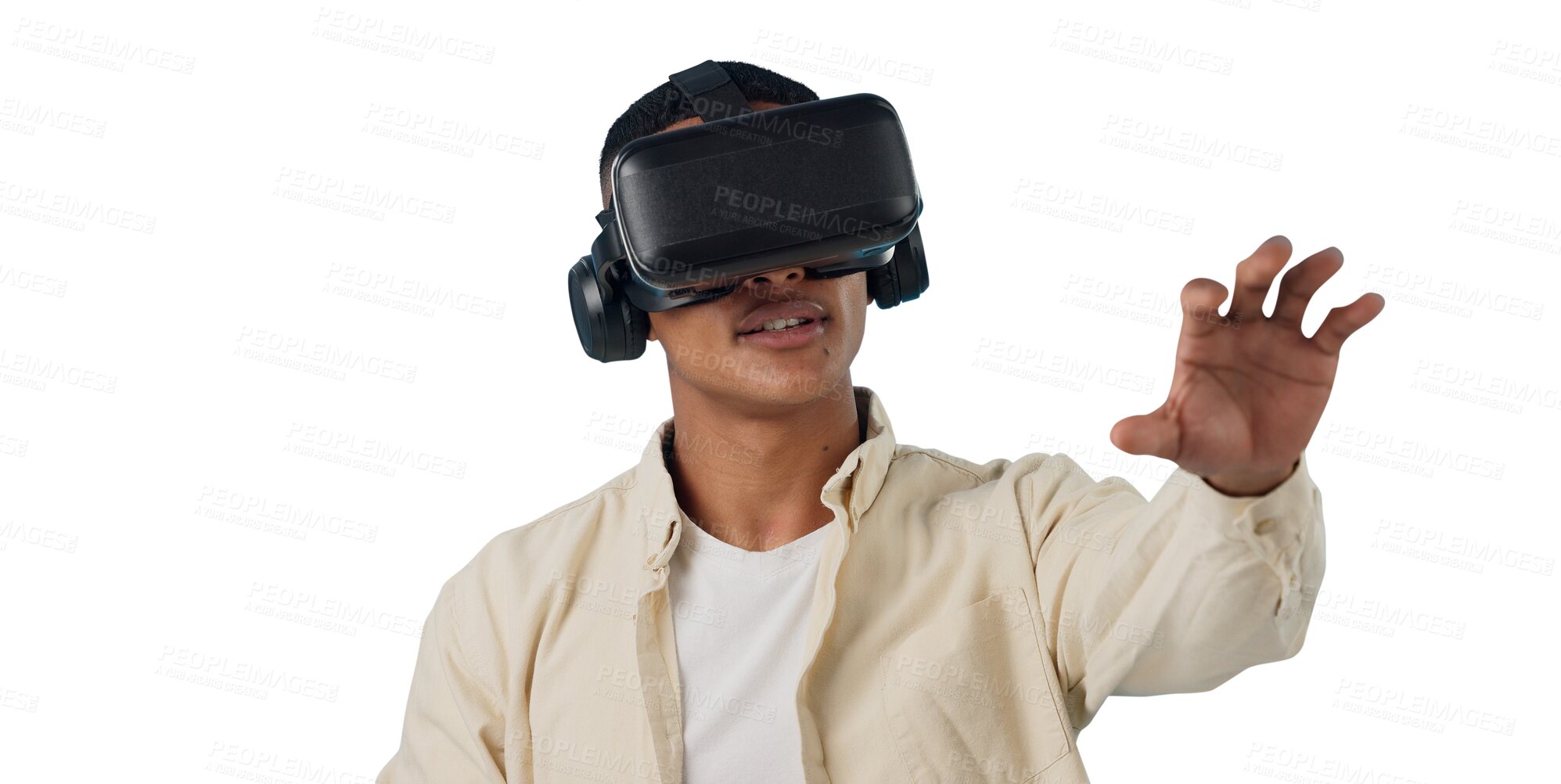 Buy stock photo Man, student and VR or futuristic glasses for png,  Software and user experience isolated transparent background. Person with virtual reality vision, education and metaverse technology or games