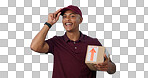 Greeting, shipping box or portrait of delivery guy in studio with courier service or supply chain package. Happy man, blue background or worker with safe cargo for mail distribution or post services
