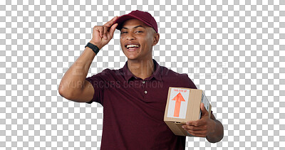Buy stock photo Portrait, happy man or courier in cap with box for distribution isolated on transparent png background for tipping. Face, greeting or person with package for delivery, freight or cargo for shipping