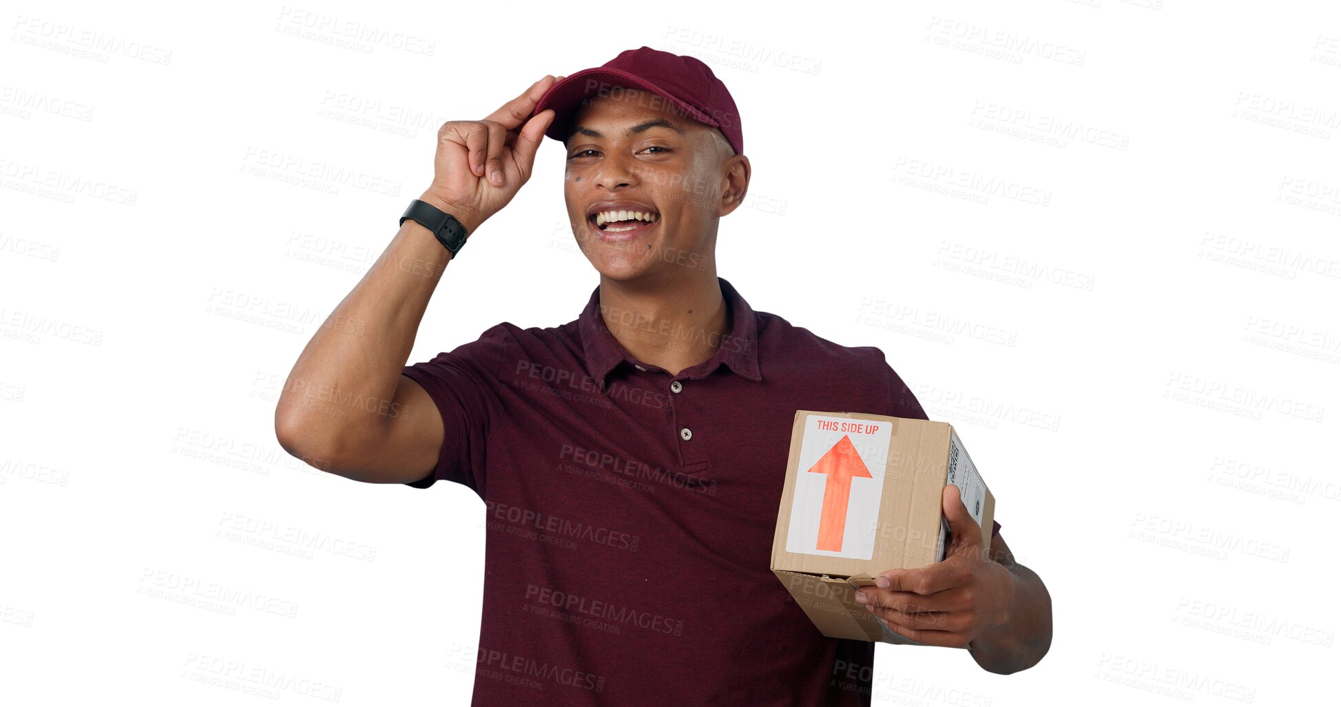 Buy stock photo Portrait, happy man or courier in cap with box for distribution isolated on transparent png background for tipping. Face, greeting or person with package for delivery, freight or cargo for shipping