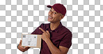 Portrait, happy man and courier for pointing in studio with mock up for announcement on blue background. Cape Town, male model and smile for presentation of alert, promotion or notification in space