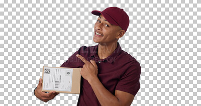Buy stock photo Pointing, courier and portrait of man with package for delivery, shipping or distribution. Smile, parcel and male person with cardboard box for ecommerce order isolated by transparent png background.